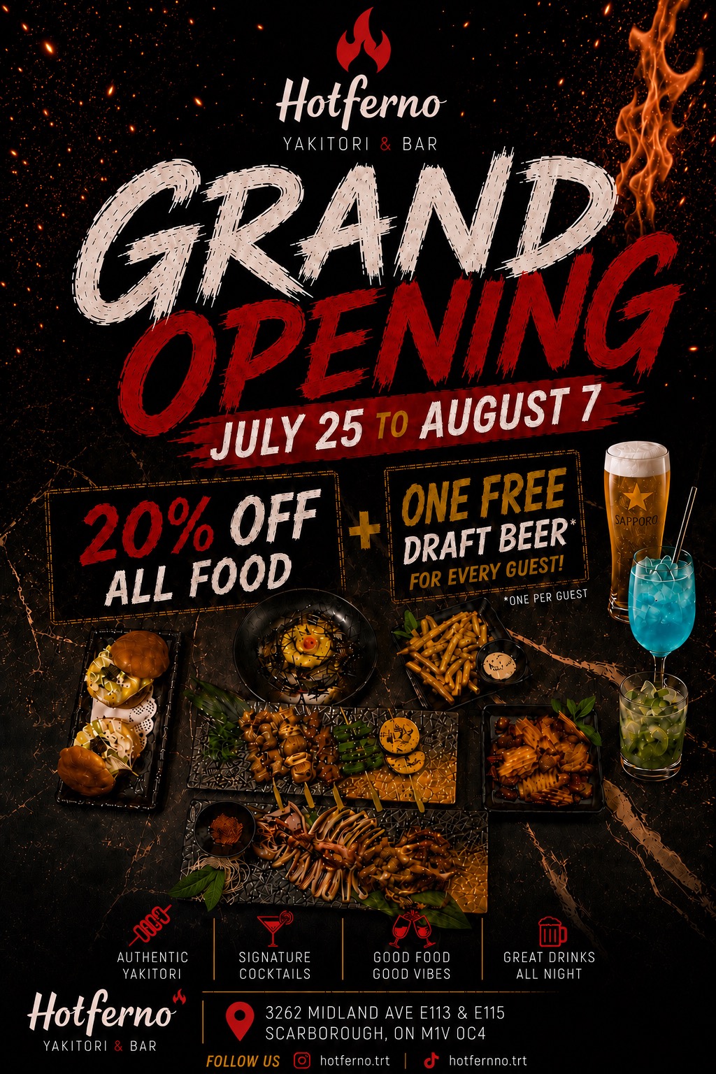 Hotferno Grand Opening, July 25 to August 7: 20% off all food, plus one free draft beer for every guest (one per guest).